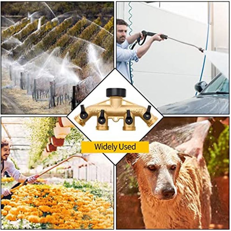 Gardening Tools Yellow - ABNQ ตัวแยกสายยางทองเหลือง 4 ทาง, ตัวแยกก๊อกน้ำทองเหลืองขนาด 3/4